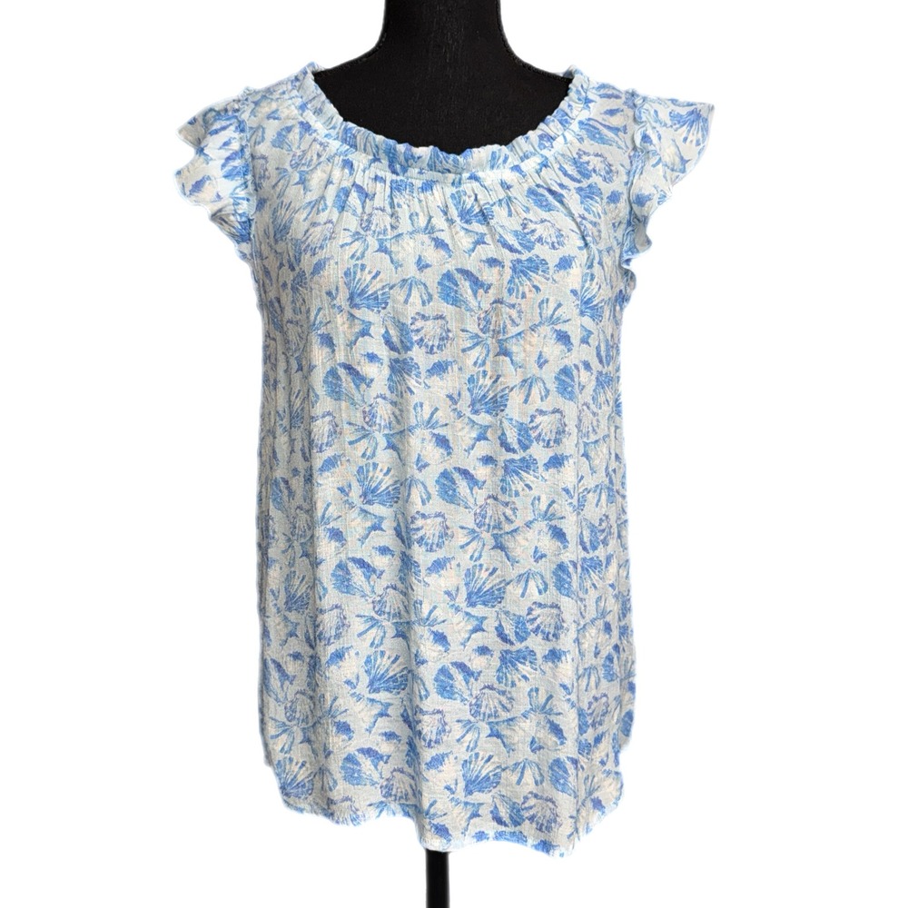 Late August Blue White Seashell Print Flutter Sleeve Blouse Medium DT7164-KNC201